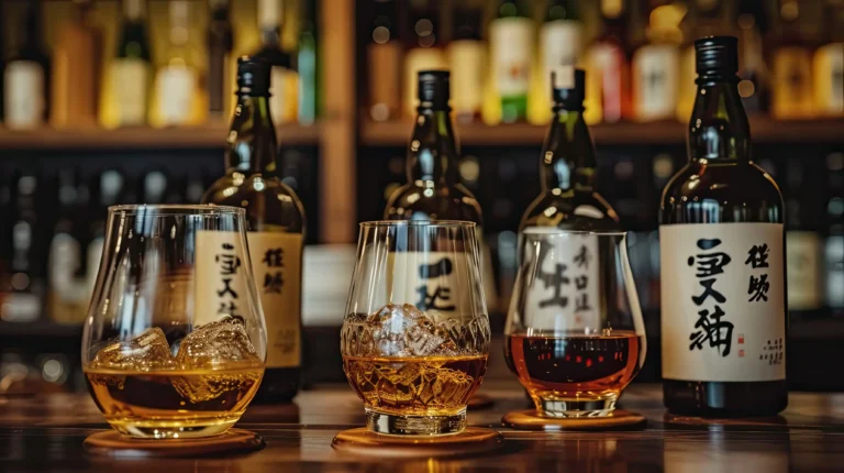 japanese whiskey with selection single malts blends alcohol glass tasting sommelier bar club quality drink people enjoy aromatic drinks company friends concept generative by ai Web H